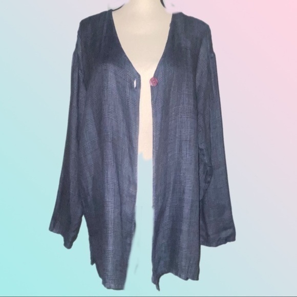 MARC WARE blue & black Glen Check plaid one button 100% Linen jacket. Large. EUC - Picture 2 of 9